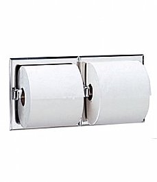 Bobrick B697 Double Toilet Roll Holder Recessed No Hoods Polished Stainless Steel Standard Spindles