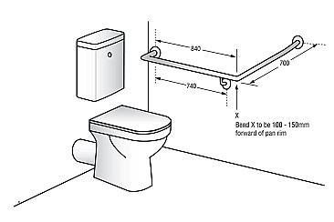 Metlam MLR101 Toilet Grab Rail  840mm x 700mm Left Hand 30 Degree Stainless Steel
